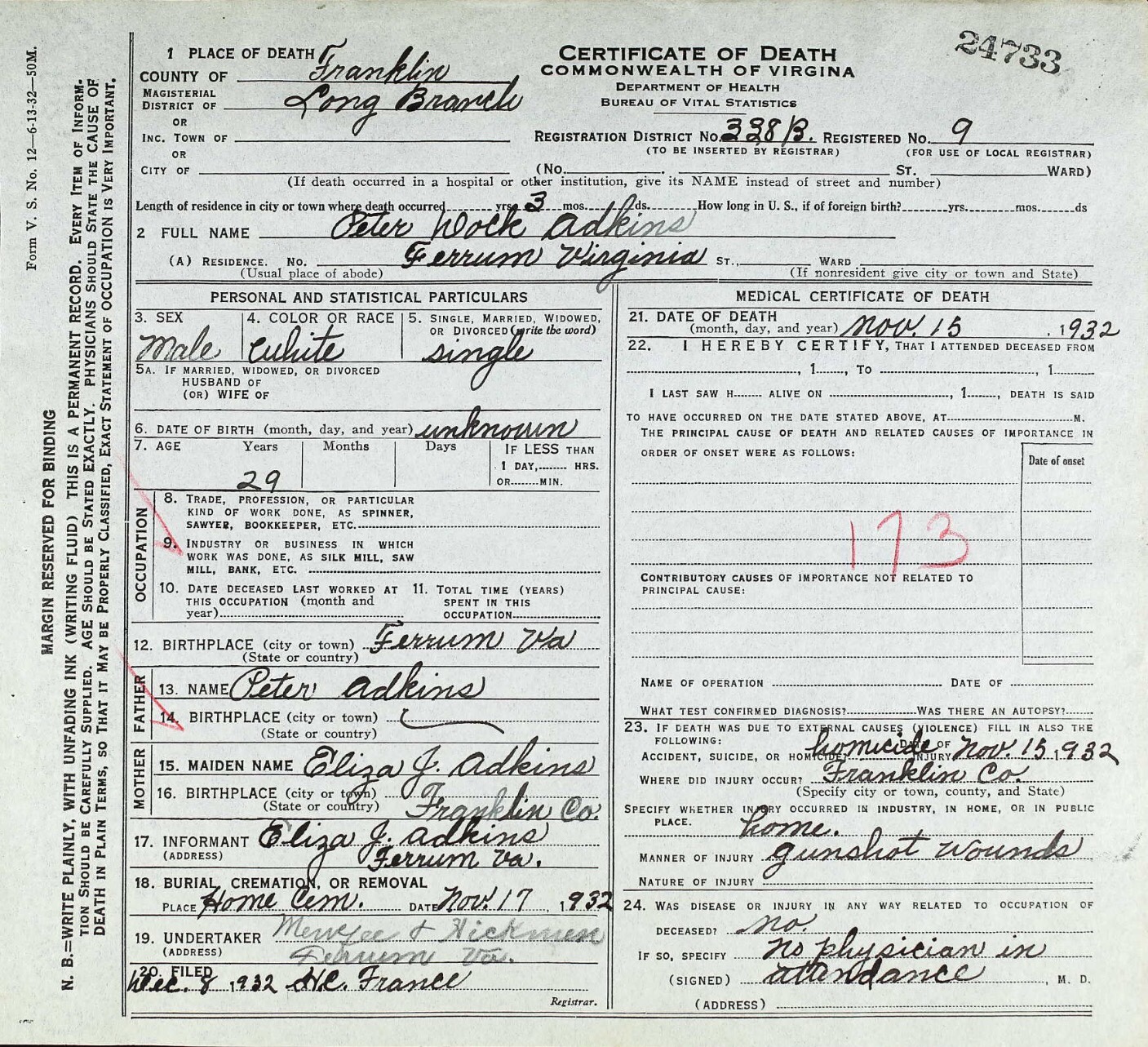 Death Certificate of Peter Adkins