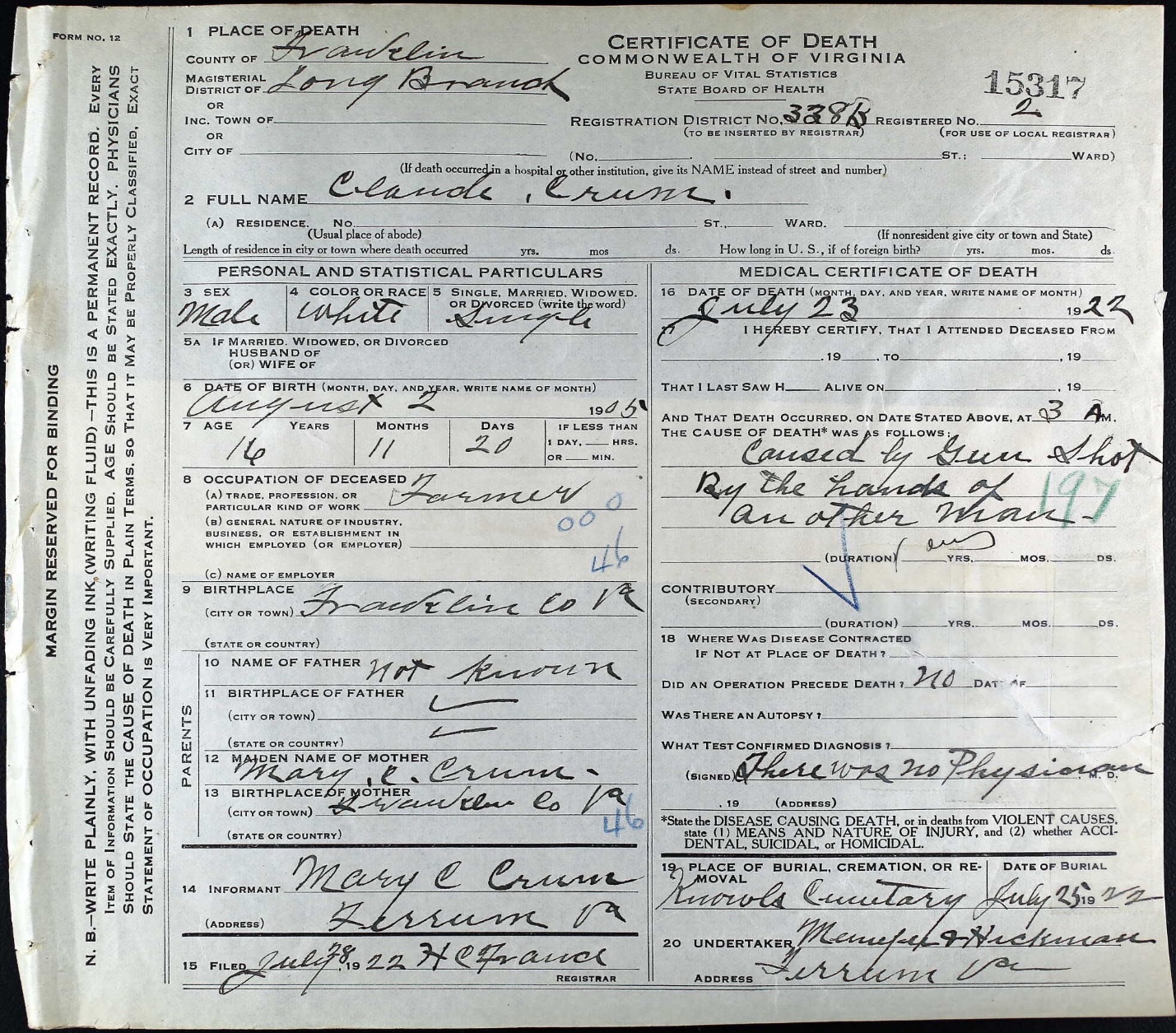 Death Certificate of Claude Crum